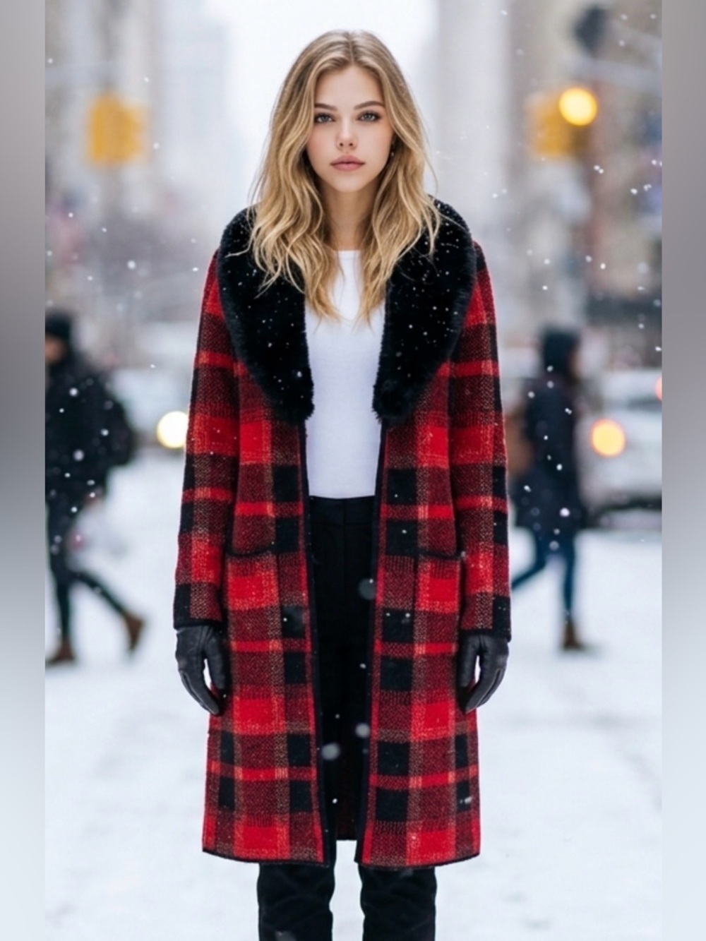 cleo Red and Black Plaid Vest with Black Faux Fur Collar